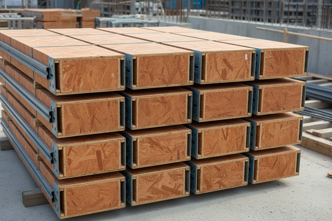 Photorealistic commercial construction photography of formply and formwork panels stacked neatly at a construction site, plywood surface textures clearly visible, steel frames partially visible, clean and organised setup, soft natural daylight, neutral industrial tones, professional B2B construction editorial style, no text, no branding, wide composition suitable for blog cover