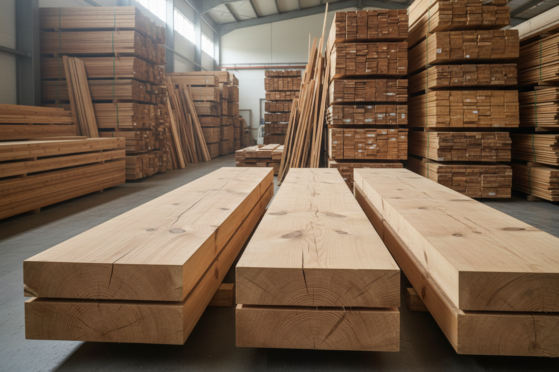 Photorealistic construction editorial photograph of structural timber beams and graded lumber stacks, visible wood grain and layered timber sections, clean sawmill or warehouse environment, warm natural wood tones, soft directional lighting, professional educational tone, no text, no logos, wide blog cover composition
