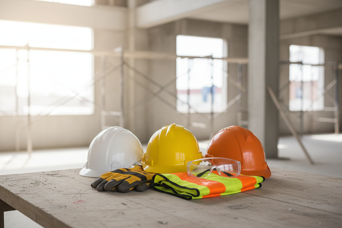 Photorealistic construction safety editorial photograph of personal protective equipment (PPE) including safety helmets, gloves and high-visibility gear arranged neatly on a work surface at a construction site, clean and organised environment, muted safety colors, soft natural lighting, professional contractor-focused tone, no text, no logos, wide blog cover composition