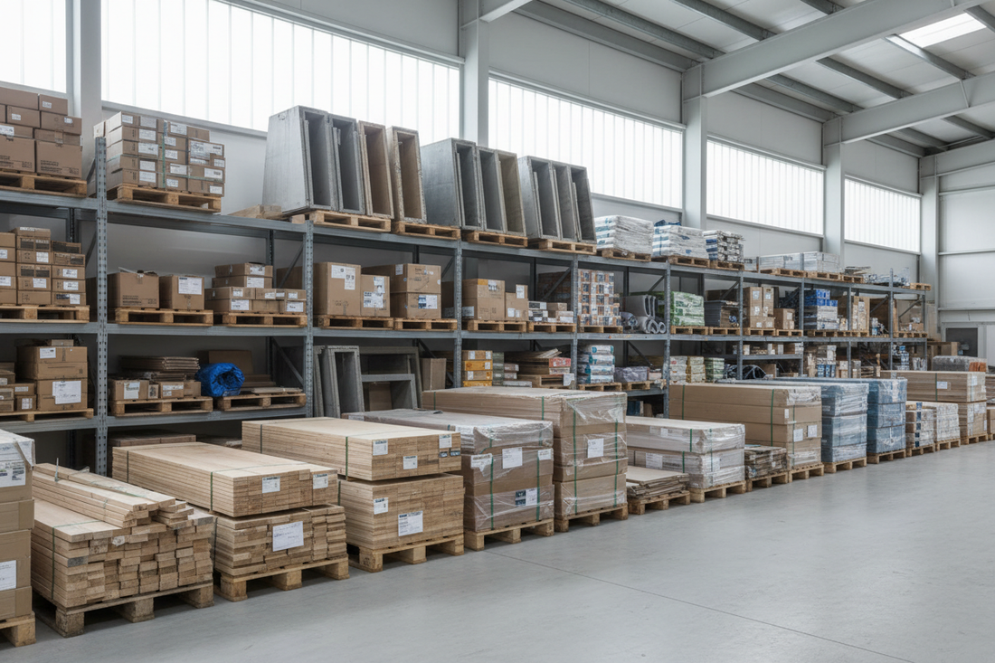 Photorealistic professional construction industry photograph showing organized building materials in a warehouse or trade counter environment, pallets of timber, formwork and supplies arranged neatly, clean modern industrial space, neutral tones, soft ambient lighting, B2B ecommerce and trade-focused editorial style, no people interaction, no text, wide blog cover framing